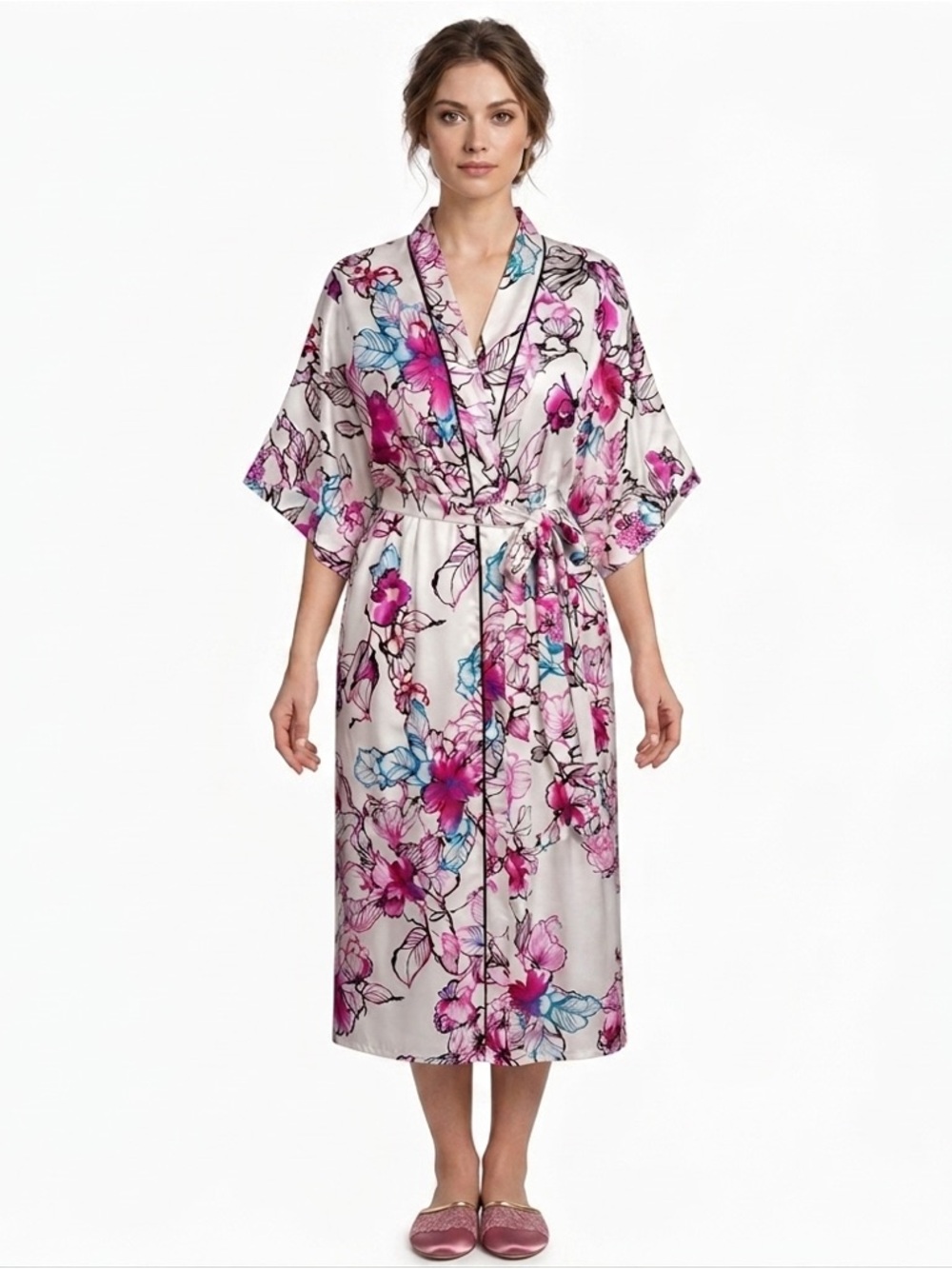 Natori Eden Floral Satin Robe‎ Small Silky Kimono Luxury Loungewear Botanical